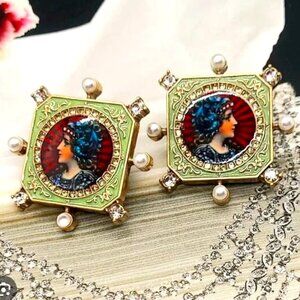 Vintage Signed KJL European Hand Painted Portrait Crystal & Pearl